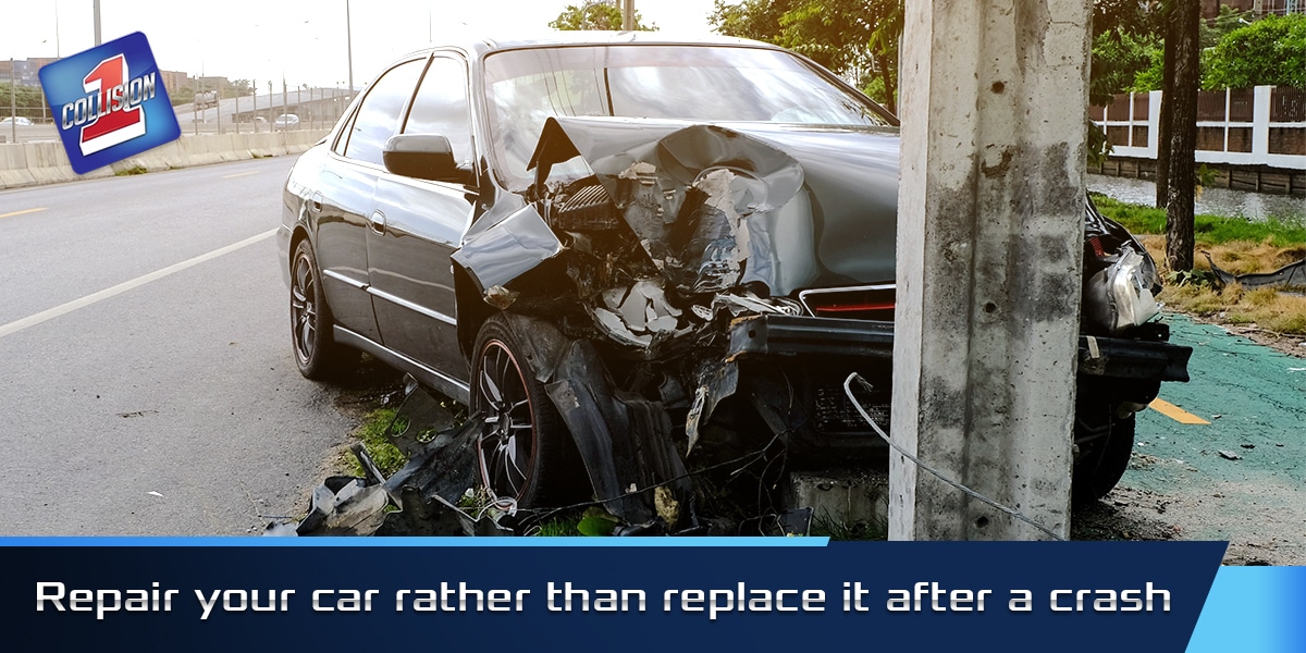 Wrecked car with front resting next to a pole that was hit straight on. Collision 1 logo, Text reads: Repair your car rather than replace after a crash.
