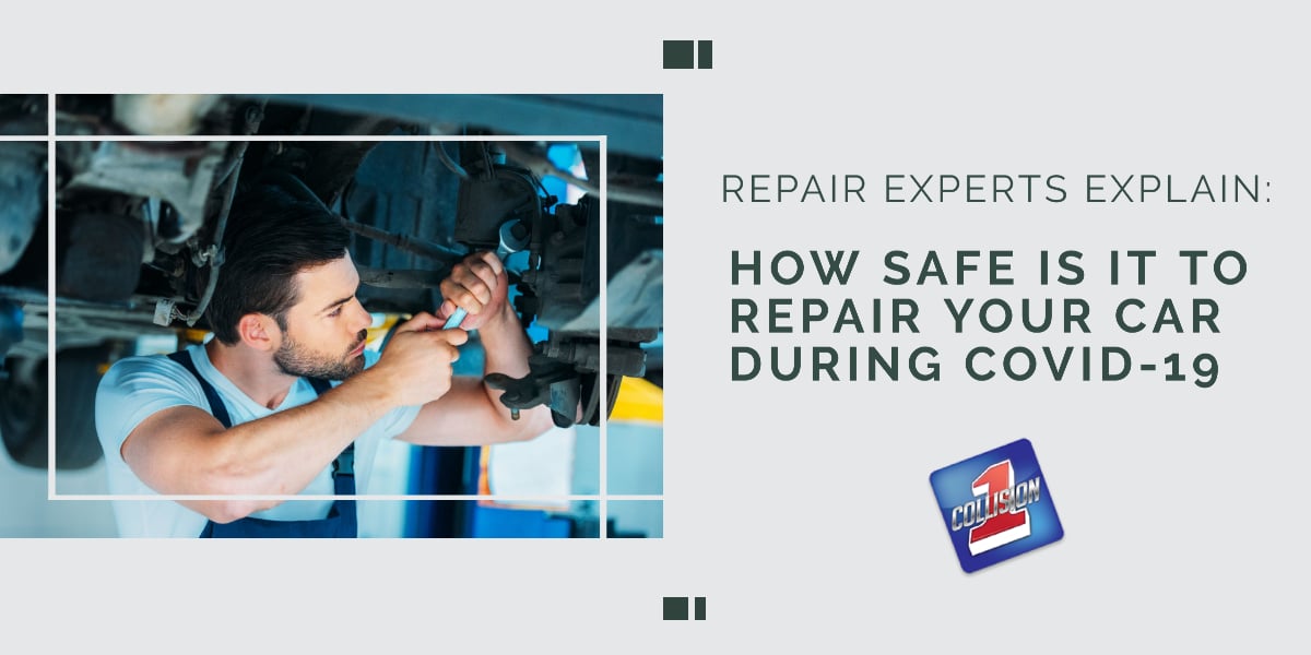 Man tightening a bolt with wrench during car repair. Company logo and text.