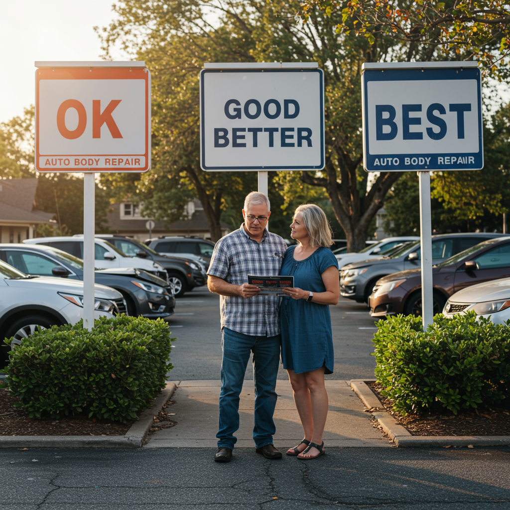 A man and a woman in a parking lot with cars parked, one car has damage, signs for auto body repair, OK, Good Better, the BEST Auto Body Repair
